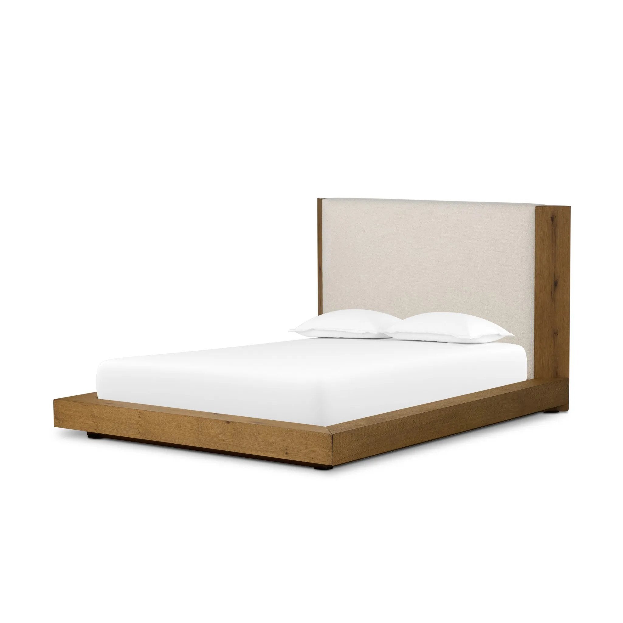 A woven, cushioned headboard in neutral cream adds texture around a floating platform base of light oak. Base features angular chamfered details, thick rails and footboard with a plinth base. Performance fabrics are specially created to withstand spills, stains, high traffic and wear, ensuring long-term comfort and unmatched durability Amethyst Home provides interior design, new home construction design consulting, vintage area rugs, and lighting in the Charlotte metro area.