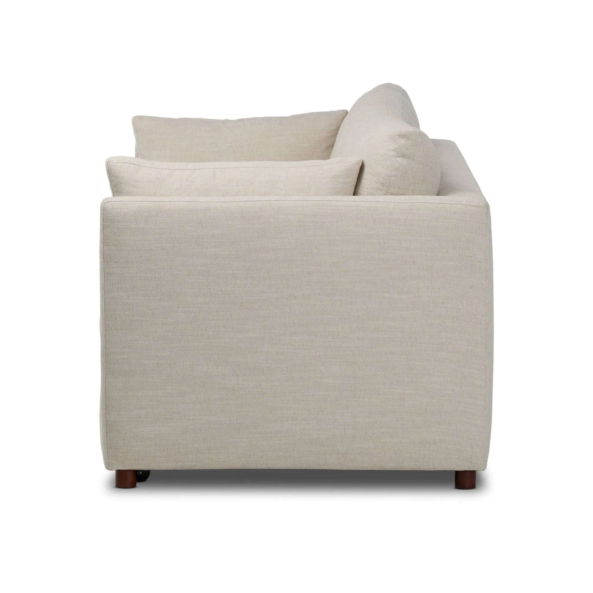 This cleverly designed sleeper sofa hides a Queen-sized sleeping surface within its modern silhouette. With a simple roll-out and counterbalanced mechanism, it effortlessly transforms into a bed, making it a space-saving solution with hidden functionality. Amethyst Home provides interior design, new home construction design consulting, vintage area rugs, and lighting in the Alpharetta metro area.