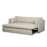This cleverly designed sleeper sofa hides a Queen-sized sleeping surface within its modern silhouette. With a simple roll-out and counterbalanced mechanism, it effortlessly transforms into a bed, making it a space-saving solution with hidden functionality. Amethyst Home provides interior design, new home construction design consulting, vintage area rugs, and lighting in the Austin metro area.