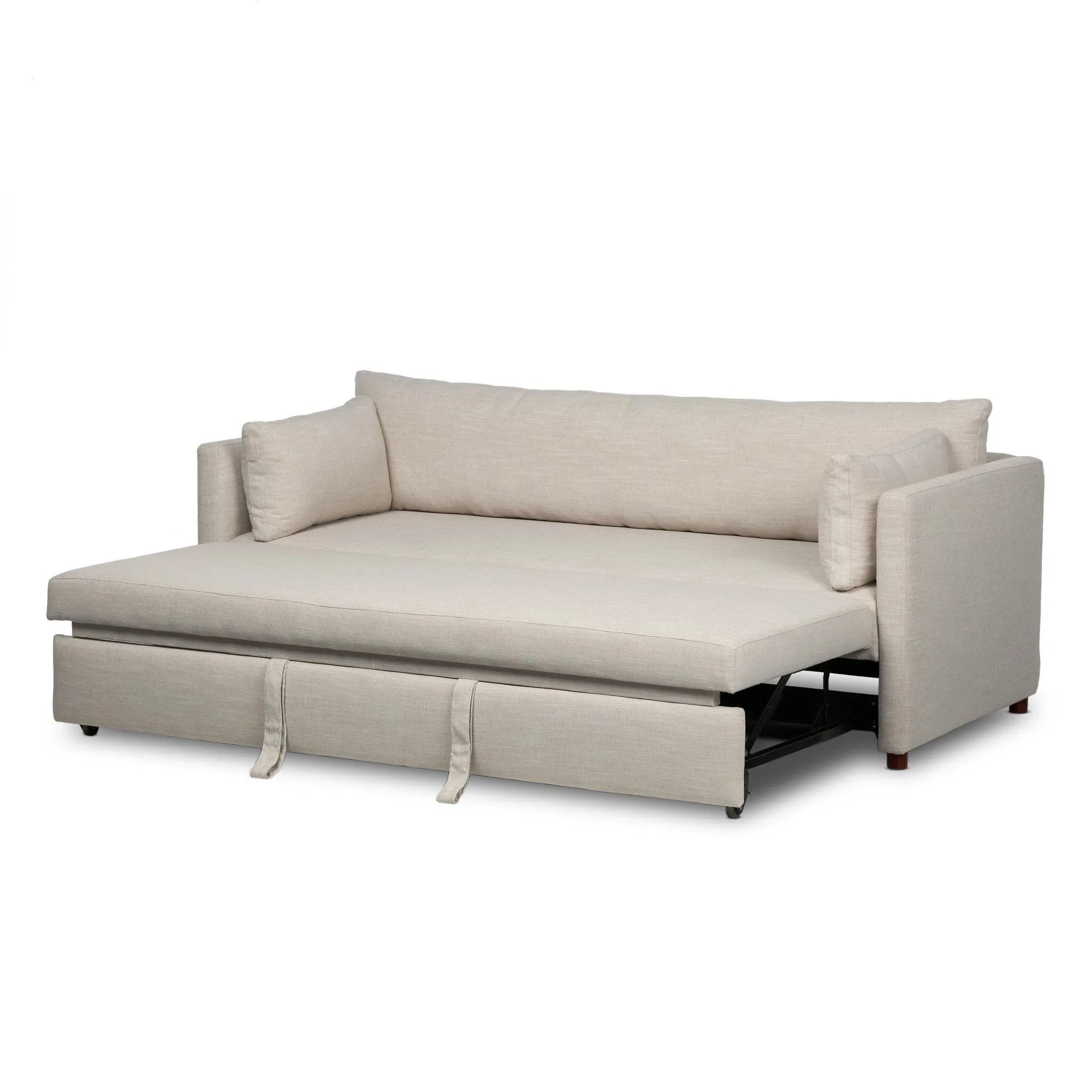 This cleverly designed sleeper sofa hides a Queen-sized sleeping surface within its modern silhouette. With a simple roll-out and counterbalanced mechanism, it effortlessly transforms into a bed, making it a space-saving solution with hidden functionality. Amethyst Home provides interior design, new home construction design consulting, vintage area rugs, and lighting in the Austin metro area.