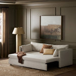 This cleverly designed sleeper sofa hides a Queen-sized sleeping surface within its modern silhouette. With a simple roll-out and counterbalanced mechanism, it effortlessly transforms into a bed, making it a space-saving solution with hidden functionality. Amethyst Home provides interior design, new home construction design consulting, vintage area rugs, and lighting in the Boston metro area.