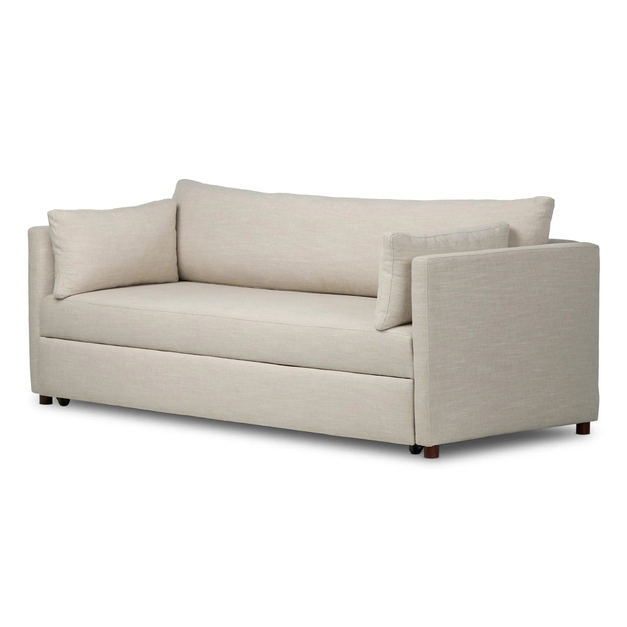 This cleverly designed sleeper sofa hides a Queen-sized sleeping surface within its modern silhouette. With a simple roll-out and counterbalanced mechanism, it effortlessly transforms into a bed, making it a space-saving solution with hidden functionality. Amethyst Home provides interior design, new home construction design consulting, vintage area rugs, and lighting in the Charlotte metro area.