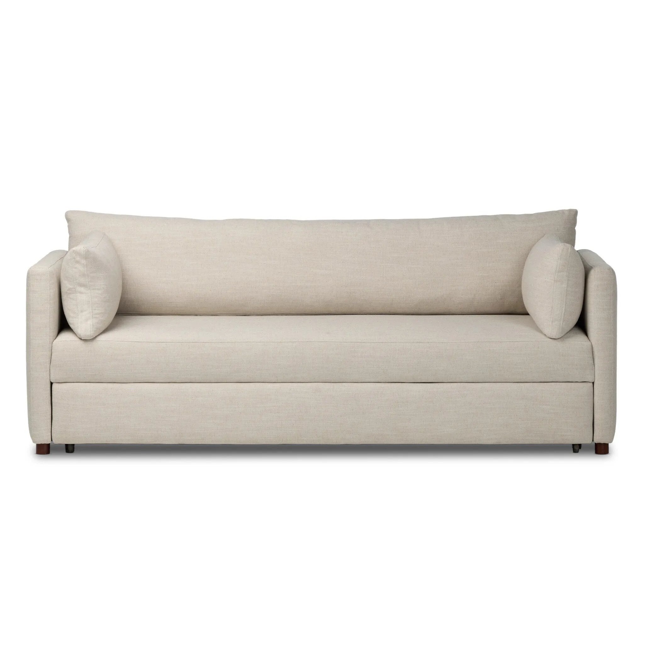 This cleverly designed sleeper sofa hides a Queen-sized sleeping surface within its modern silhouette. With a simple roll-out and counterbalanced mechanism, it effortlessly transforms into a bed, making it a space-saving solution with hidden functionality. Amethyst Home provides interior design, new home construction design consulting, vintage area rugs, and lighting in the Nashville metro area.