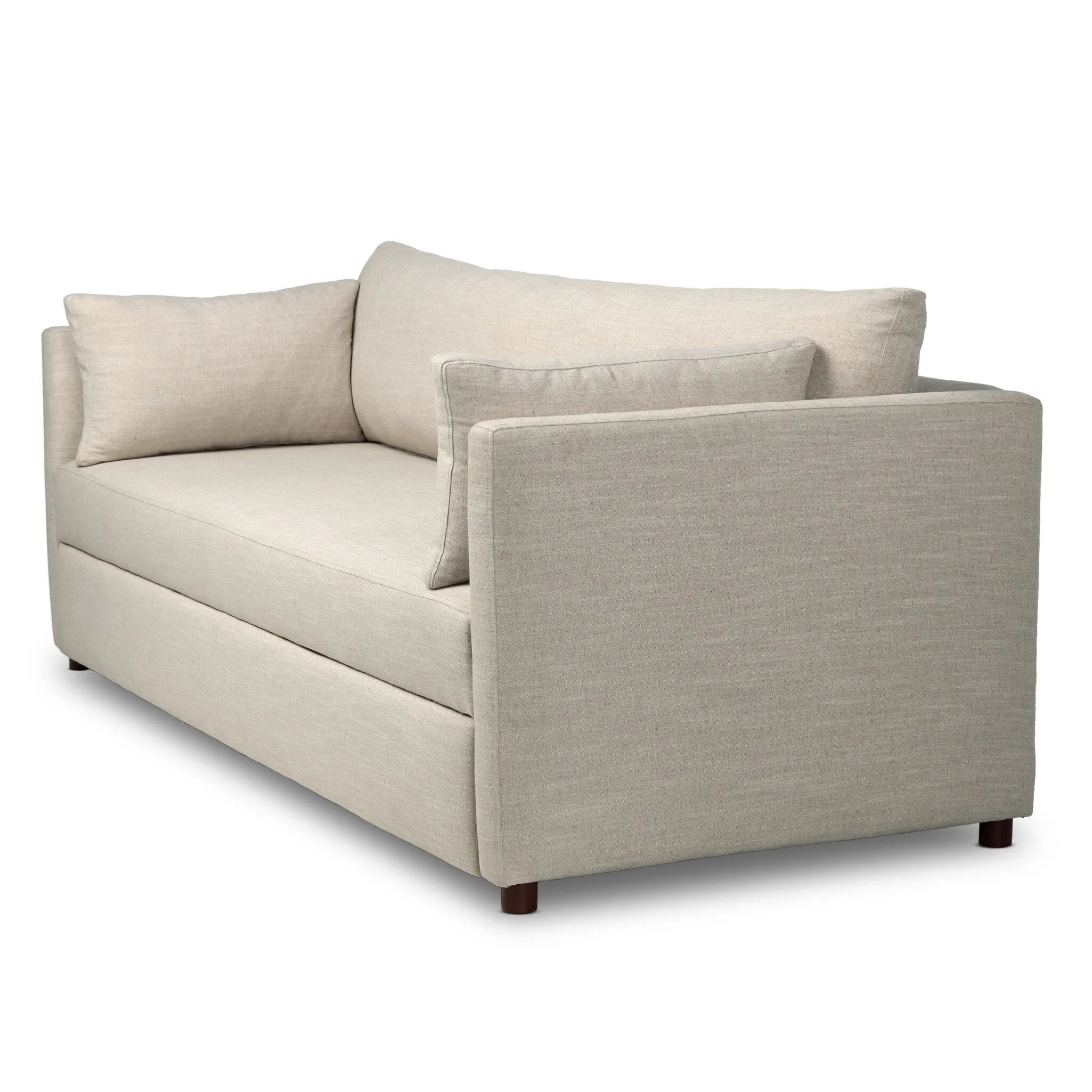 This cleverly designed sleeper sofa hides a Queen-sized sleeping surface within its modern silhouette. With a simple roll-out and counterbalanced mechanism, it effortlessly transforms into a bed, making it a space-saving solution with hidden functionality. Amethyst Home provides interior design, new home construction design consulting, vintage area rugs, and lighting in the Park City metro area.