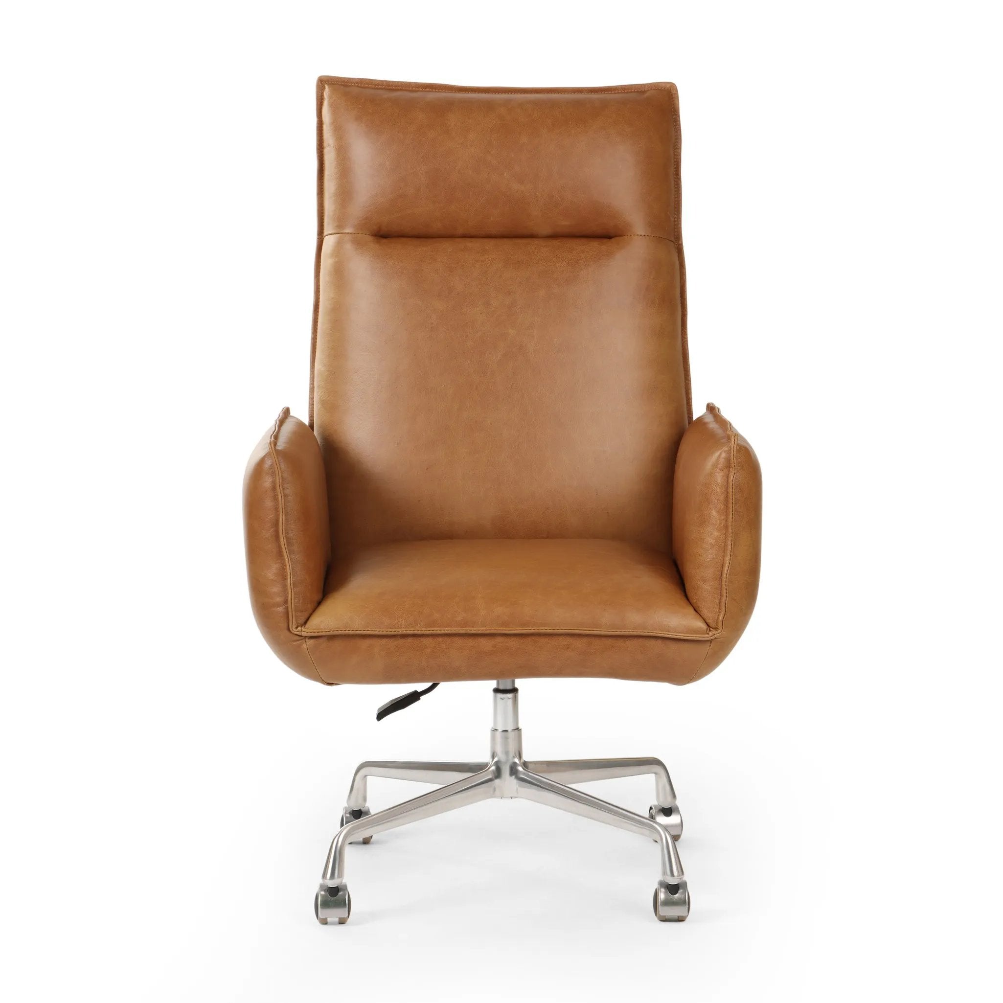 Wrapped in buttery-soft tan top-grain leather, this structured, high-back chair is designed for comfort and style. Stainless steel casters and a 360-degree swivel for ease in the modern workspace Amethyst Home provides interior design, new home construction design consulting, vintage area rugs, and lighting in the Nashville metro area.