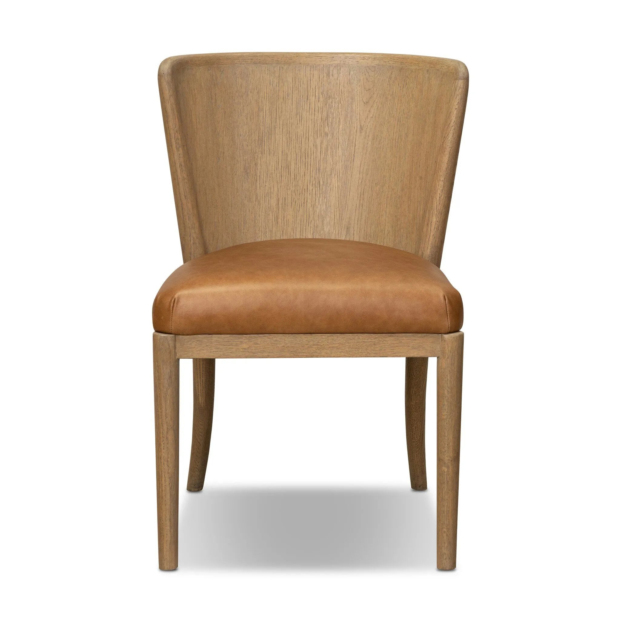 The barrel back dining chair, refreshed. Light oak shapes an armless frame and curved rear legs that almost appear to flow into the seat back. A comfy seat is upholstered in chestnut top-grain leather, while reeding details on the back create a sense of perception play. Amethyst Home provides interior design, new home construction design consulting, vintage area rugs, and lighting in the Tampa metro area.