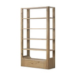 A clean, wide storage style crafted of aged natural oak brings a Brutalist look to any room. Plenty of open shelving offers endless options for favorite books and treasures, while a lower push-latch drawer finishes the look Amethyst Home provides interior design, new home construction design consulting, vintage area rugs, and lighting in the Nashville metro area.