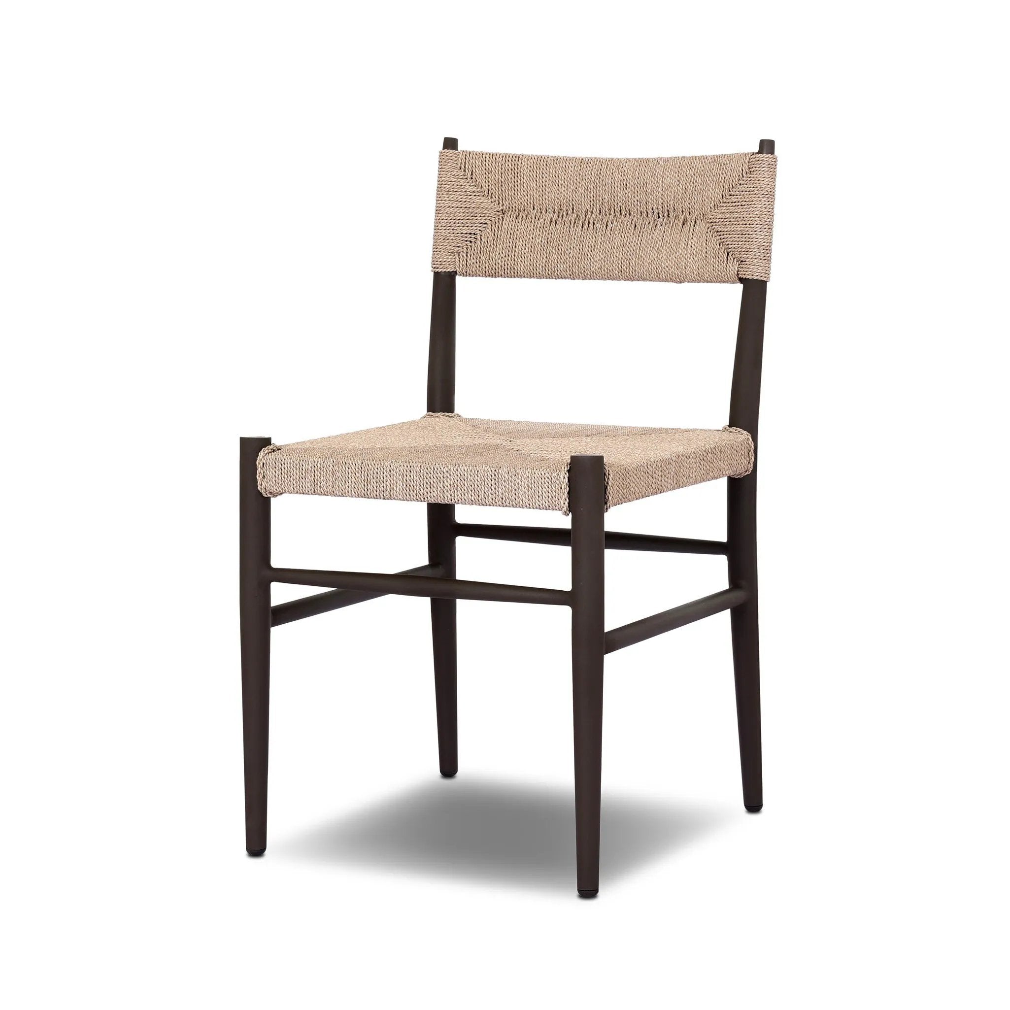 Featuring Lomas Textured Dune Outdoor Metal Dining Chair by Four Hands at Amethyst Home. Make a bold statement with contrasting materials. Slim, tapered metal frames this woven all-weather wicker outdoor dining chair. Cover or store indoors during inclement weather and when not in use. Overall Dimensions: 19.00"w x 23.00"d x 34.00"h. Amethyst Home provides interior design, new home construction design consulting, vintage area rugs, and lighting in the Alpharetta metro area.