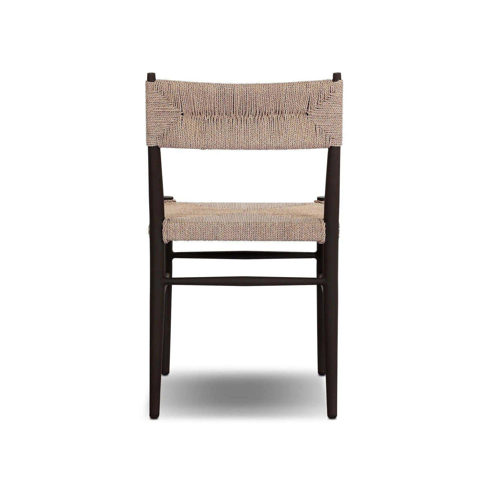Featuring Lomas Textured Dune Outdoor Metal Dining Chair by Four Hands at Amethyst Home. Make a bold statement with contrasting materials. Slim, tapered metal frames this woven all-weather wicker outdoor dining chair. Cover or store indoors during inclement weather and when not in use. Overall Dimensions: 19.00"w x 23.00"d x 34.00"h. Amethyst Home provides interior design, new home construction design consulting, vintage area rugs, and lighting in the Scottsdale metro area.
