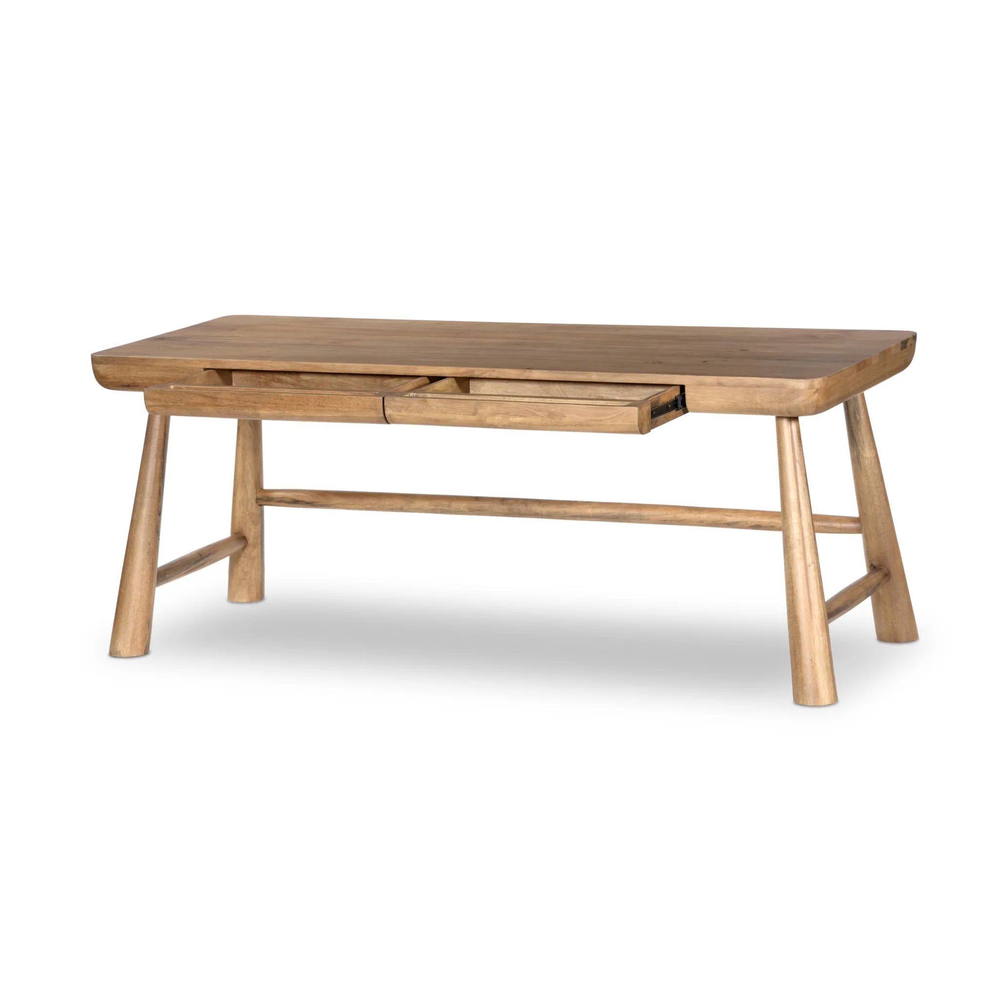 Featuring Lorik Caramel Rubberwood Desk by Four Hands at Amethyst Home. Wabi Sabi-inspired and designed with a clean, bold shape. This rustic desk features a modernized shape crafted from caramel-finished wood. Designed with cylindrical legs that are both angled and tapered for added movement. Built-in, hidden pencil drawers keep the focus on the natural graini. Amethyst Home provides interior design, new home construction design consulting, vintage area rugs, and lighting in the Omaha metro area.