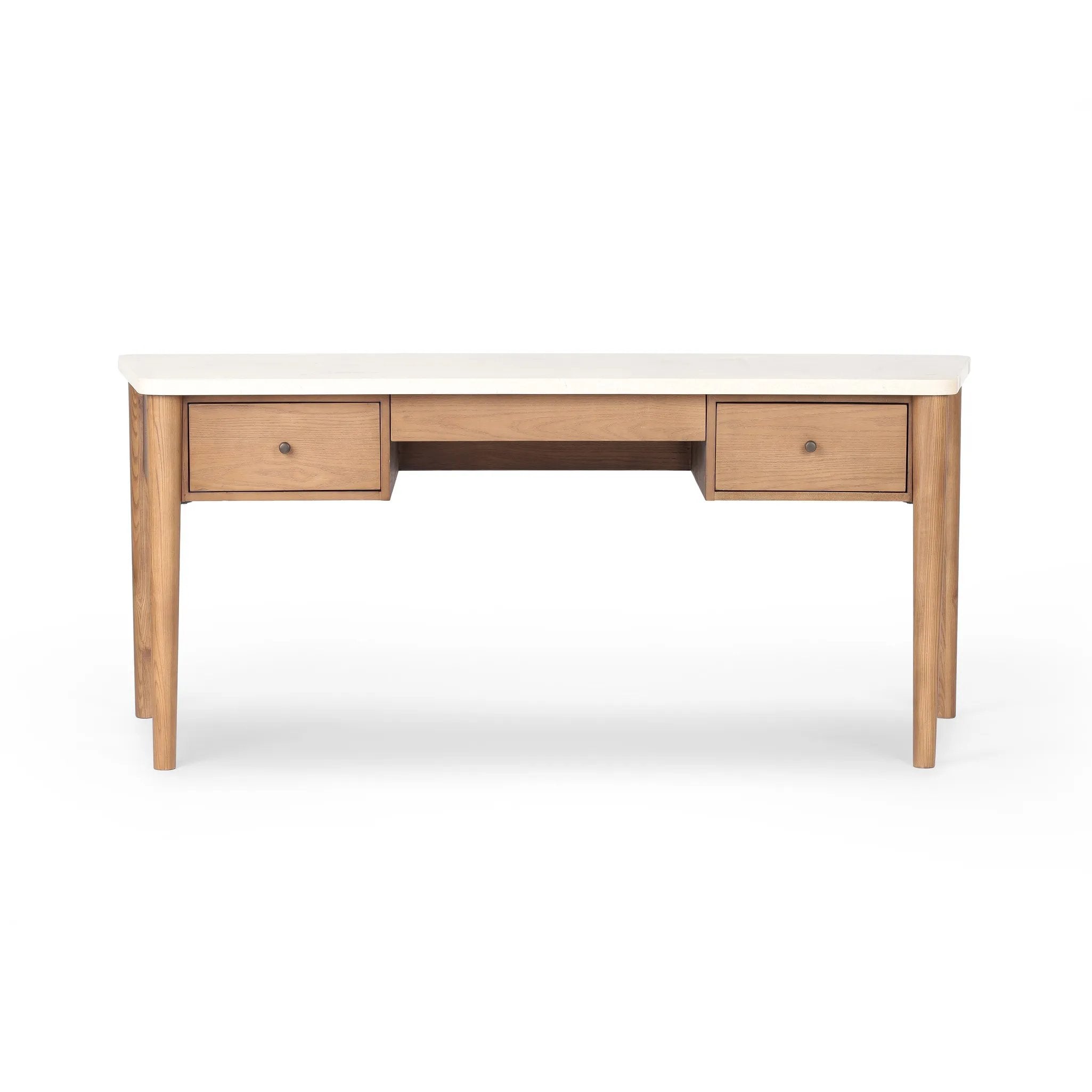 Featuring Lorna Amber Ash Veneer Desk by Four Hands at Amethyst Home. Set a light tone for your workspace with a material-driven desk of cream marble and amber ash. A clean, streamlined design with tapered cylinder legs and side drawers.Overall Dimensions: 70.00"w x 26.75"d x 30.00"hWeight : 208.33 lbsMaterials: Ash Veneer, Solid Ash, Solid Marble. Amethyst Home provides interior design, new home construction design consulting, vintage area rugs, and lighting in the Laguna Beach metro area.