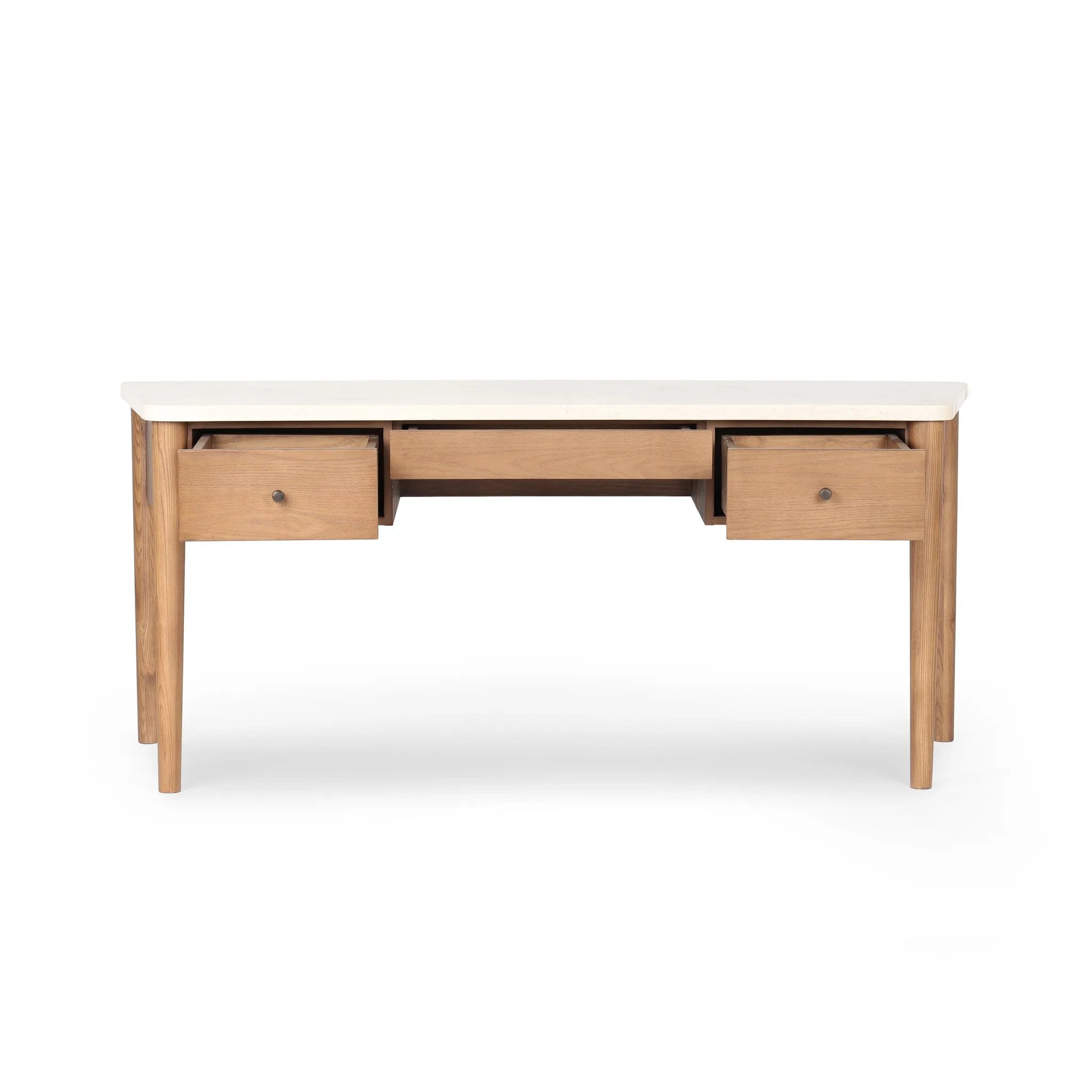 Featuring Lorna Amber Ash Veneer Desk by Four Hands at Amethyst Home. Set a light tone for your workspace with a material-driven desk of cream marble and amber ash. A clean, streamlined design with tapered cylinder legs and side drawers.Overall Dimensions: 70.00"w x 26.75"d x 30.00"hWeight : 208.33 lbsMaterials: Ash Veneer, Solid Ash, Solid Marble. Amethyst Home provides interior design, new home construction design consulting, vintage area rugs, and lighting in the Miami metro area.