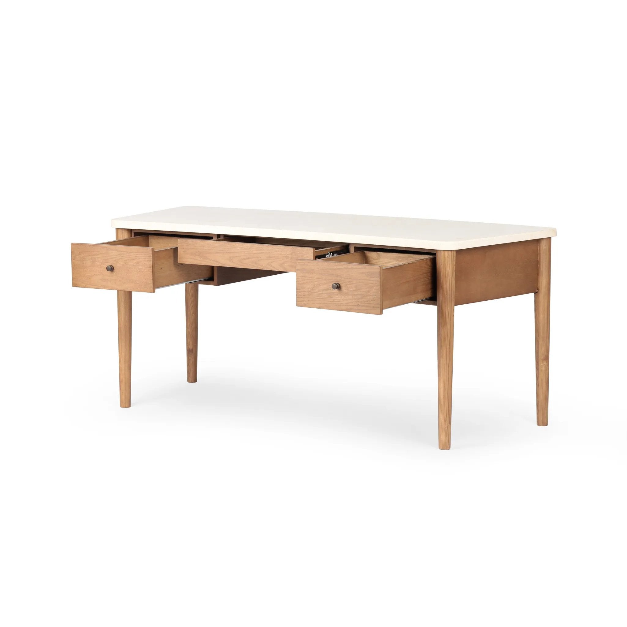 Featuring Lorna Amber Ash Veneer Desk by Four Hands at Amethyst Home. Set a light tone for your workspace with a material-driven desk of cream marble and amber ash. A clean, streamlined design with tapered cylinder legs and side drawers.Overall Dimensions: 70.00"w x 26.75"d x 30.00"hWeight : 208.33 lbsMaterials: Ash Veneer, Solid Ash, Solid Marble. Amethyst Home provides interior design, new home construction design consulting, vintage area rugs, and lighting in the Newport Beach metro area.