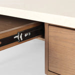 Featuring Lorna Amber Ash Veneer Desk by Four Hands at Amethyst Home. Set a light tone for your workspace with a material-driven desk of cream marble and amber ash. A clean, streamlined design with tapered cylinder legs and side drawers.Overall Dimensions: 70.00"w x 26.75"d x 30.00"hWeight : 208.33 lbsMaterials: Ash Veneer, Solid Ash, Solid Marble. Amethyst Home provides interior design, new home construction design consulting, vintage area rugs, and lighting in the Omaha metro area.