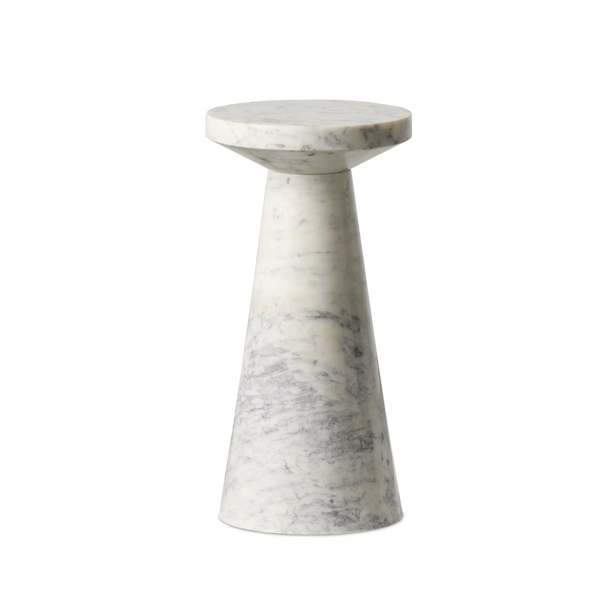 Beautifully veined white marble brings a timeless, polished look to a versatile end table Amethyst Home provides interior design, new home construction design consulting, vintage area rugs, and lighting in the Boston metro area.