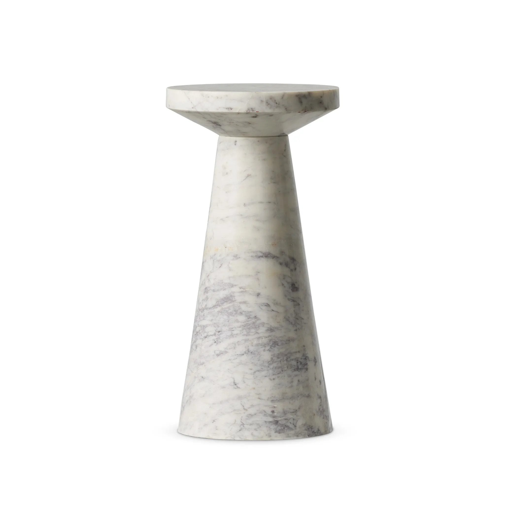 Beautifully veined white marble brings a timeless, polished look to a versatile end table Amethyst Home provides interior design, new home construction design consulting, vintage area rugs, and lighting in the Salt Lake City metro area.