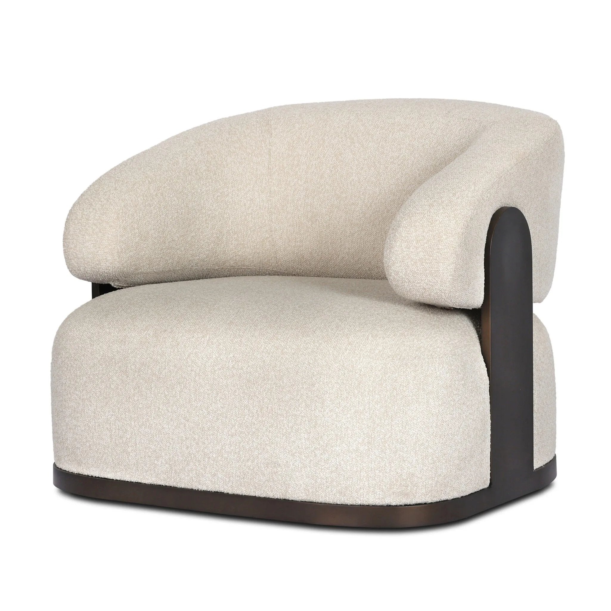 A playful outdoor chair silhouette with a 360 swivel base. The yolk-shaped back is framed by sleek metal accents, adding visual contrast to the exploded boucle upholstery on the thick seat cushion and curved back. Cover or store inside during inclement weather and when not in use. Amethyst Home provides interior design, new home construction design consulting, vintage area rugs, and lighting in the Kansas City metro area.
