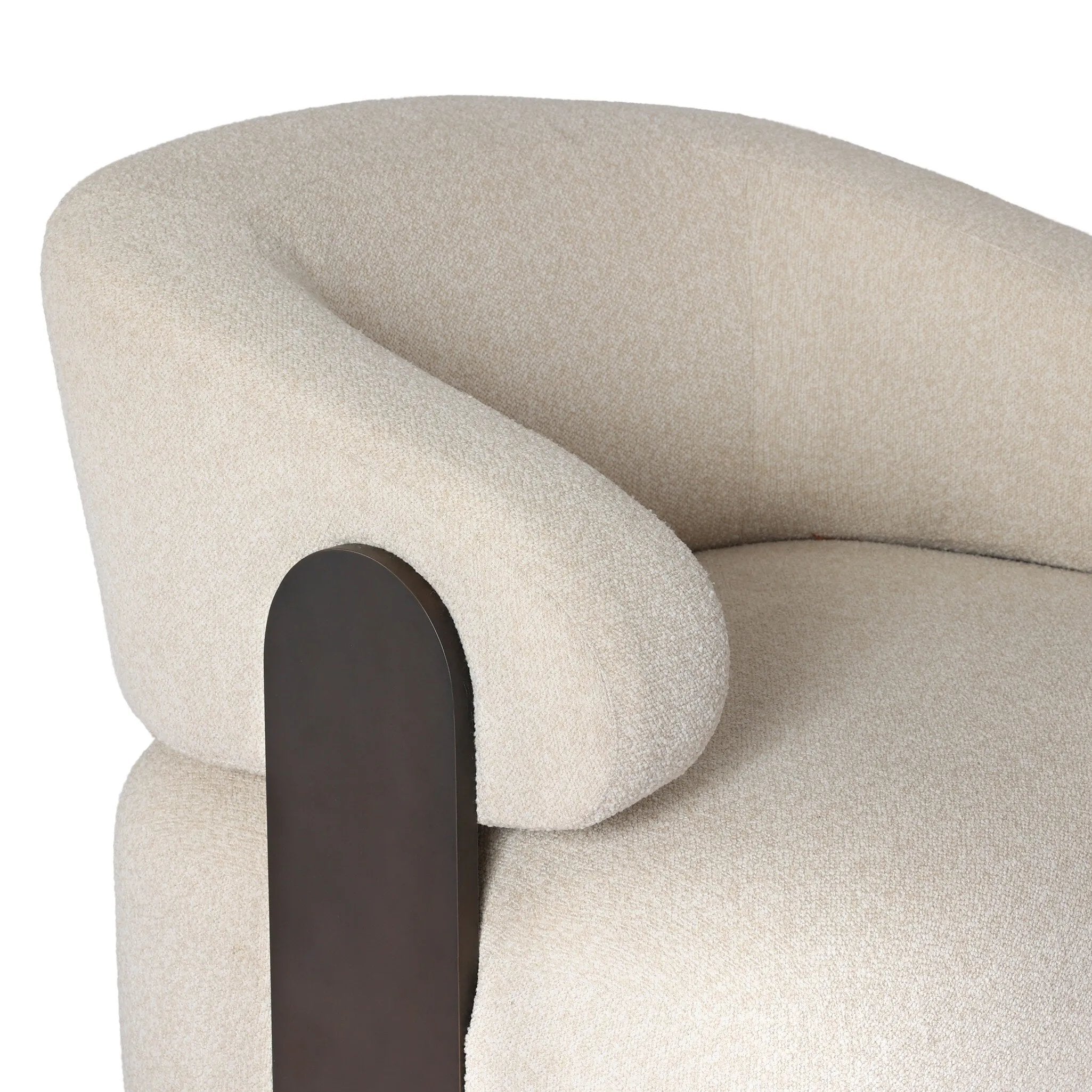 A playful outdoor chair silhouette with a 360 swivel base. The yolk-shaped back is framed by sleek metal accents, adding visual contrast to the exploded boucle upholstery on the thick seat cushion and curved back. Cover or store inside during inclement weather and when not in use. Amethyst Home provides interior design, new home construction design consulting, vintage area rugs, and lighting in the San Diego metro area.