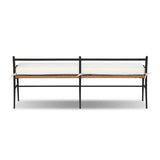 A modern take on traditional weaving patterns centers this outdoor dining bench. Subtly arched metal framing details and a relaxed knife-edge seat cushion invite softness. Cover or store inside during inclement weather and when not in use. A design collaboration by Amber Lewis and Four Hands. Amethyst Home provides interior design, new home construction design consulting, vintage area rugs, and lighting in the Charlotte metro area.