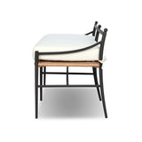 A modern take on traditional weaving patterns centers this outdoor dining bench. Subtly arched metal framing details and a relaxed knife-edge seat cushion invite softness. Cover or store inside during inclement weather and when not in use. A design collaboration by Amber Lewis and Four Hands. Amethyst Home provides interior design, new home construction design consulting, vintage area rugs, and lighting in the San Diego metro area.