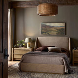 Featuring Maeve Laken Taupe Upholstered Bed by Four Hands at Amethyst Home. Clean lines meet contoured curves for a timeless bedroom look. A petal-shaped shelter overlaps side rails for a unique,  comforting silhouette. Fully upholstered in a versatile taupe that complements a wide range of color palettes. Overall Dimensions: Queen:
70.50"w x 88.50"d x 48.5. Amethyst Home provides interior design, new home construction design consulting, vintage area rugs, and lighting in the Charlotte metro area.