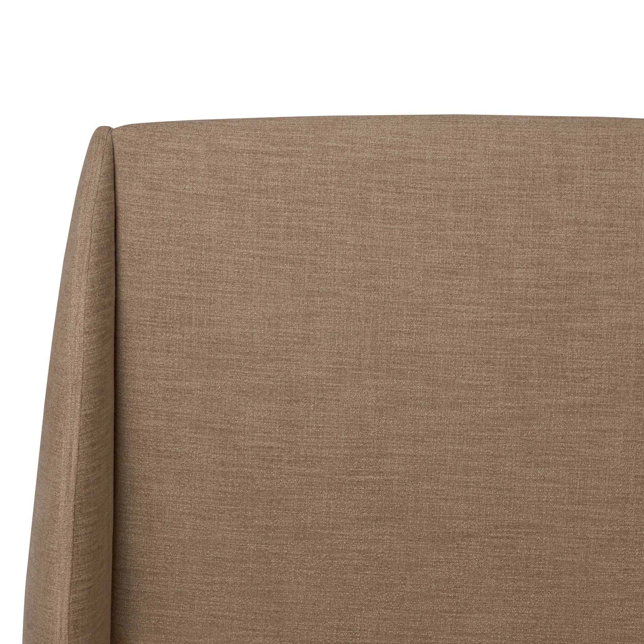 Featuring Maeve Laken Taupe Upholstered Bed by Four Hands at Amethyst Home. Clean lines meet contoured curves for a timeless bedroom look. A petal-shaped shelter overlaps side rails for a unique,  comforting silhouette. Fully upholstered in a versatile taupe that complements a wide range of color palettes. Overall Dimensions: Queen:
70.50"w x 88.50"d x 48.5. Amethyst Home provides interior design, new home construction design consulting, vintage area rugs, and lighting in the San Diego metro area.