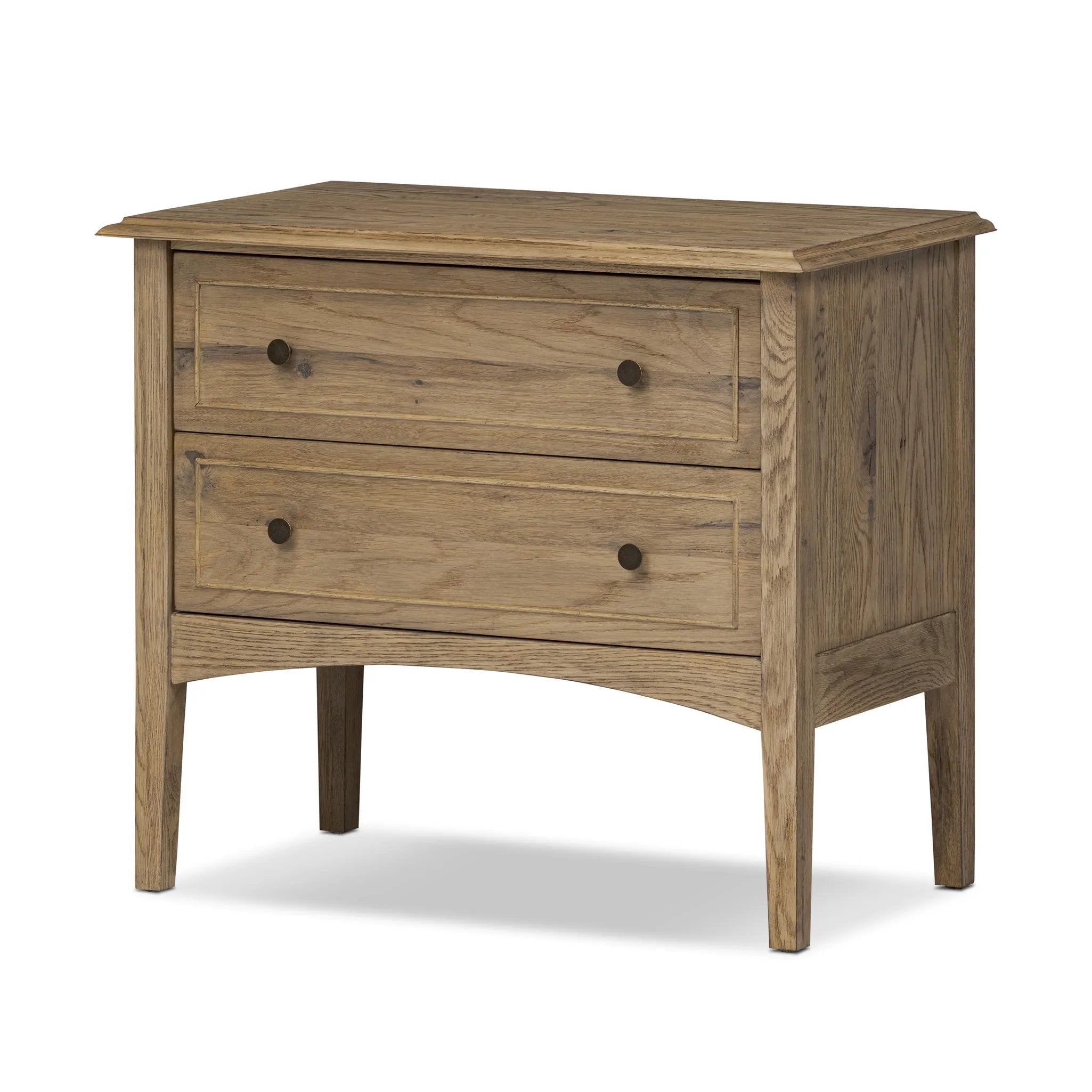 A cleanly shaped six-drawer dresser is crafted from aged smoked oak, highlighting the wood?s natural grain. Roomy drawers offer plenty of space for bedroom storage, while the slim, tapered legs give the piece a subtle lift, creating a grounded look Amethyst Home provides interior design, new home construction design consulting, vintage area rugs, and lighting in the Laguna Beach metro area.