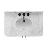 This bath vanity is simply shaped to allow the reeded oak to shine. Rounded corners bring softness and allow for a seamless finish, complemented by tapered knob hardware. Finished with a bath-safe sealant for moisture resistance. Designed to accommodate 8”-widespread faucets and standard-size hardware for easy customization. Amethyst Home provides interior design, new home construction design consulting, vintage area rugs, and lighting in the Dallas metro area.