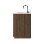 This bath vanity is simply shaped to allow the reeded oak to shine. Rounded corners bring softness and allow for a seamless finish, complemented by tapered knob hardware. Finished with a bath-safe sealant for moisture resistance. Designed to accommodate 8”-widespread faucets and standard-size hardware for easy customization. Amethyst Home provides interior design, new home construction design consulting, vintage area rugs, and lighting in the Los Angeles metro area.