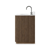 This bath vanity is simply shaped to allow the reeded oak to shine. Rounded corners bring softness and allow for a seamless finish, complemented by tapered knob hardware. Finished with a bath-safe sealant for moisture resistance. Designed to accommodate 8”-widespread faucets and standard-size hardware for easy customization. Amethyst Home provides interior design, new home construction design consulting, vintage area rugs, and lighting in the Los Angeles metro area.
