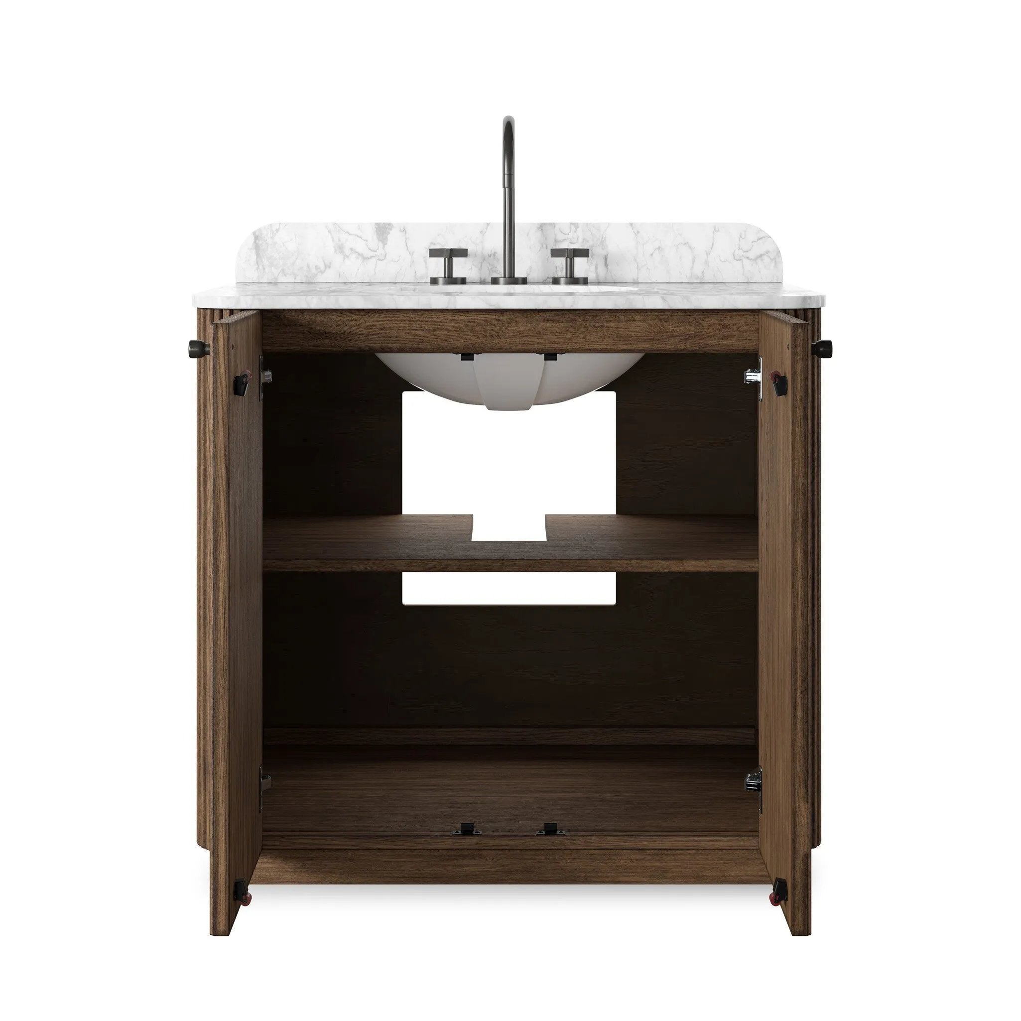 This bath vanity is simply shaped to allow the reeded oak to shine. Rounded corners bring softness and allow for a seamless finish, complemented by tapered knob hardware. Finished with a bath-safe sealant for moisture resistance. Designed to accommodate 8”-widespread faucets and standard-size hardware for easy customization. Amethyst Home provides interior design, new home construction design consulting, vintage area rugs, and lighting in the Miami metro area.