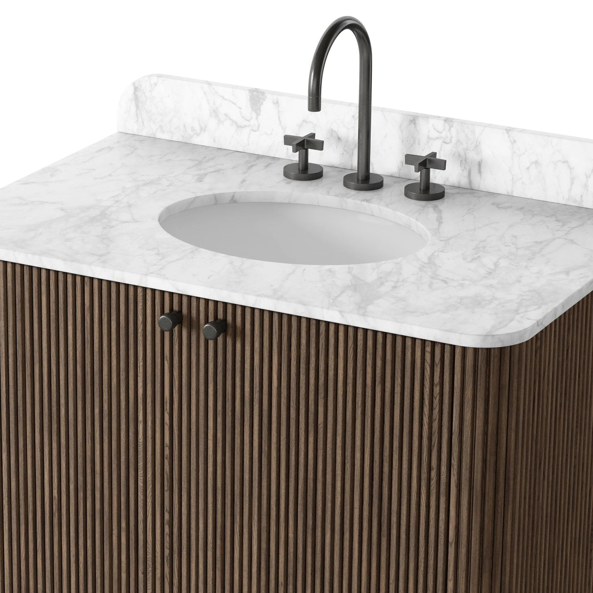 This bath vanity is simply shaped to allow the reeded oak to shine. Rounded corners bring softness and allow for a seamless finish, complemented by tapered knob hardware. Finished with a bath-safe sealant for moisture resistance. Designed to accommodate 8”-widespread faucets and standard-size hardware for easy customization. Amethyst Home provides interior design, new home construction design consulting, vintage area rugs, and lighting in the Nashville metro area.