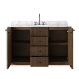 This bath vanity is simply shaped to allow the reeded oak to shine. Rounded corners bring softness and allow for a seamless finish, complemented by tapered knob hardware. Finished with a bath-safe sealant for moisture resistance. Designed to accommodate 8”-widespread faucets and standard-size hardware for easy customization. Amethyst Home provides interior design, new home construction design consulting, vintage area rugs, and lighting in the Alpharetta metro area.