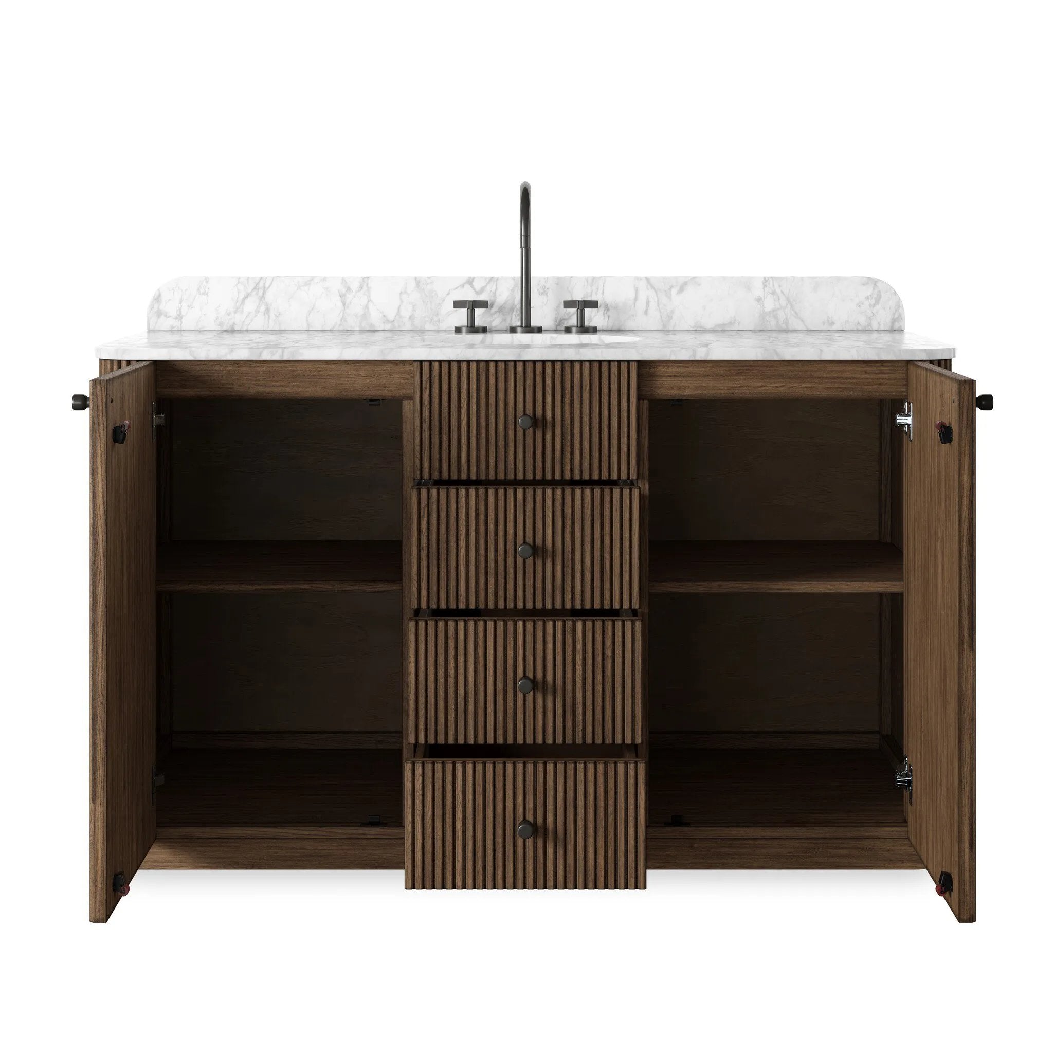 This bath vanity is simply shaped to allow the reeded oak to shine. Rounded corners bring softness and allow for a seamless finish, complemented by tapered knob hardware. Finished with a bath-safe sealant for moisture resistance. Designed to accommodate 8”-widespread faucets and standard-size hardware for easy customization. Amethyst Home provides interior design, new home construction design consulting, vintage area rugs, and lighting in the Alpharetta metro area.