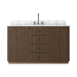 This bath vanity is simply shaped to allow the reeded oak to shine. Rounded corners bring softness and allow for a seamless finish, complemented by tapered knob hardware. Finished with a bath-safe sealant for moisture resistance. Designed to accommodate 8”-widespread faucets and standard-size hardware for easy customization. Amethyst Home provides interior design, new home construction design consulting, vintage area rugs, and lighting in the Boston metro area.