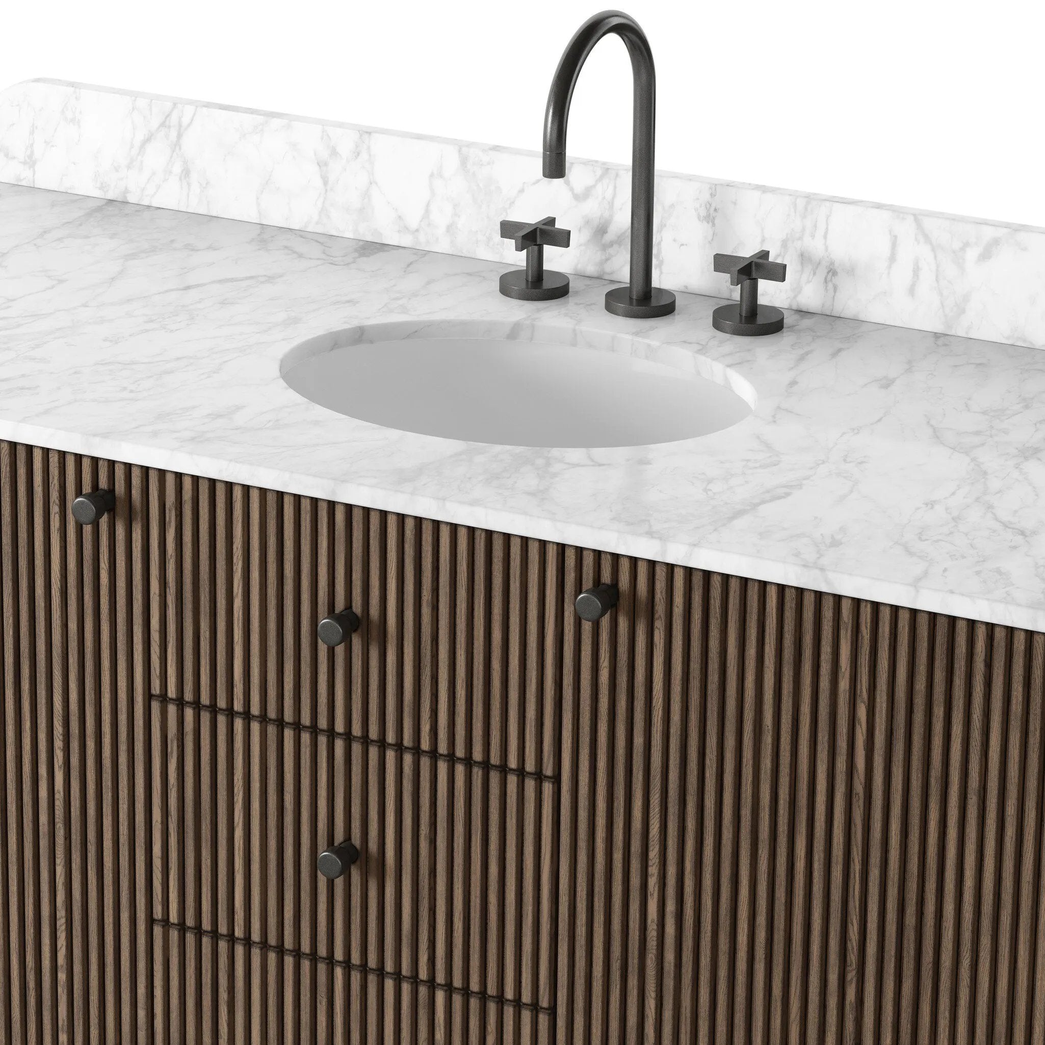 This bath vanity is simply shaped to allow the reeded oak to shine. Rounded corners bring softness and allow for a seamless finish, complemented by tapered knob hardware. Finished with a bath-safe sealant for moisture resistance. Designed to accommodate 8”-widespread faucets and standard-size hardware for easy customization. Amethyst Home provides interior design, new home construction design consulting, vintage area rugs, and lighting in the Kansas City metro area.