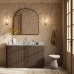 This bath vanity is simply shaped to allow the reeded oak to shine. Rounded corners bring softness and allow for a seamless finish, complemented by tapered knob hardware. Finished with a bath-safe sealant for moisture resistance. Designed to accommodate 8”-widespread faucets and standard-size hardware for easy customization. Amethyst Home provides interior design, new home construction design consulting, vintage area rugs, and lighting in the Winter Garden metro area.