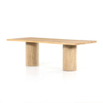 Make a mixed material statement. Cylindrical legs of solid travertine provide a dramatically scaled base for a rectangular tabletop of solid natural oak, for a fresh twist on organic Seventies styling. Seats six comfortably Amethyst Home provides interior design, new home construction design consulting, vintage area rugs, and lighting in the Boston metro area.