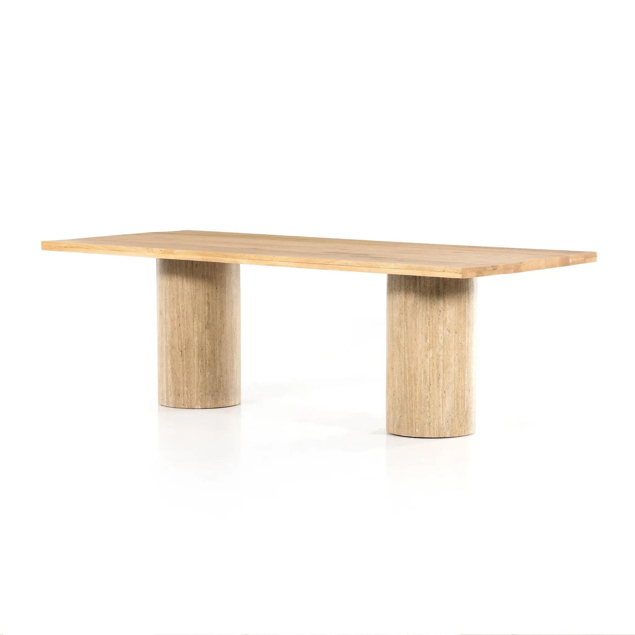 Make a mixed material statement. Cylindrical legs of solid travertine provide a dramatically scaled base for a rectangular tabletop of solid natural oak, for a fresh twist on organic Seventies styling. Seats six comfortably Amethyst Home provides interior design, new home construction design consulting, vintage area rugs, and lighting in the Boston metro area.