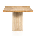 Make a mixed material statement. Cylindrical legs of solid travertine provide a dramatically scaled base for a rectangular tabletop of solid natural oak, for a fresh twist on organic Seventies styling. Seats six comfortably Amethyst Home provides interior design, new home construction design consulting, vintage area rugs, and lighting in the Charlotte metro area.