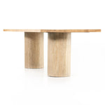 Make a mixed material statement. Cylindrical legs of solid travertine provide a dramatically scaled base for a rectangular tabletop of solid natural oak, for a fresh twist on organic Seventies styling. Seats six comfortably Amethyst Home provides interior design, new home construction design consulting, vintage area rugs, and lighting in the Portland metro area.