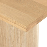 Make a mixed material statement. Cylindrical legs of solid travertine provide a dramatically scaled base for a rectangular tabletop of solid natural oak, for a fresh twist on organic Seventies styling. Seats six comfortably Amethyst Home provides interior design, new home construction design consulting, vintage area rugs, and lighting in the San Diego metro area.