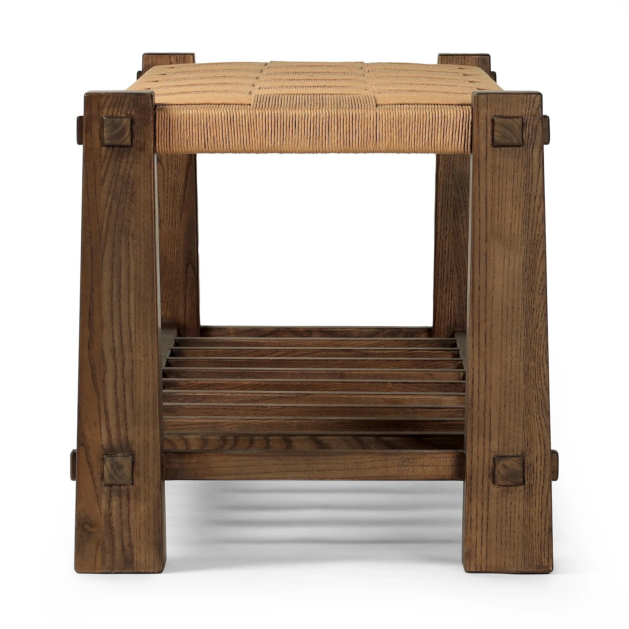 Featuring Malin Natural Paper Cord Accent Bench by Four Hands at Amethyst Home. Thick, block-style legs bookend a two-tier bench for a unique, material-driven take on accent seating. Natural paper cord enwraps the top seat for texture, while a ladder-style lower tier of brown-finished nettlewood brings great color contrast to the whole look.Overall Dime. Amethyst Home provides interior design, new home construction design consulting, vintage area rugs, and lighting in the Newport Beach metro area.