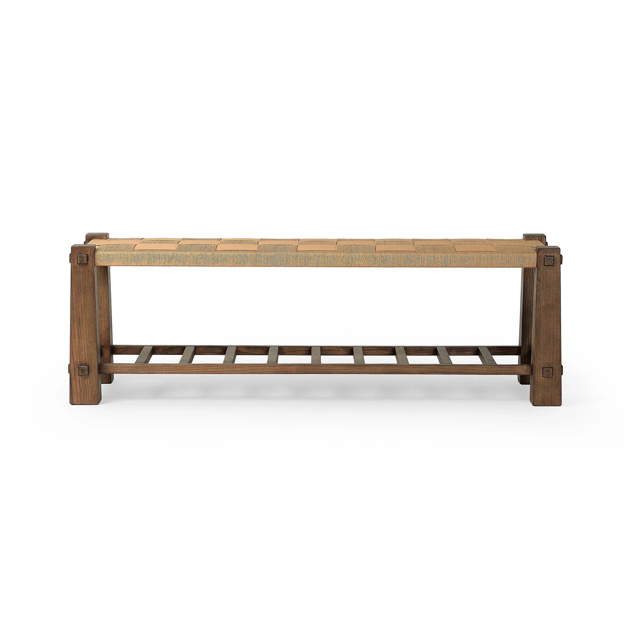 Thick, block-style legs bookend a two-tier bench for a unique, material-driven take on accent seating. Natural paper cord enwraps the top seat for texture, while a ladder-style lower tier of brown-finished nettlewood brings great color contrast to the whole look Amethyst Home provides interior design, new home construction design consulting, vintage area rugs, and lighting in the Seattle metro area.