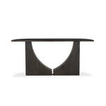 Mixed materials and a contoured design fuse for a shapely console table that works in a wide range of spaces. Mirrored oak legs form a unique curved base to support a demilune iron top with a burnished coffee finish. Thoughtfully sized for smaller spaces Amethyst Home provides interior design, new home construction design consulting, vintage area rugs, and lighting in the Salt Lake City metro area.