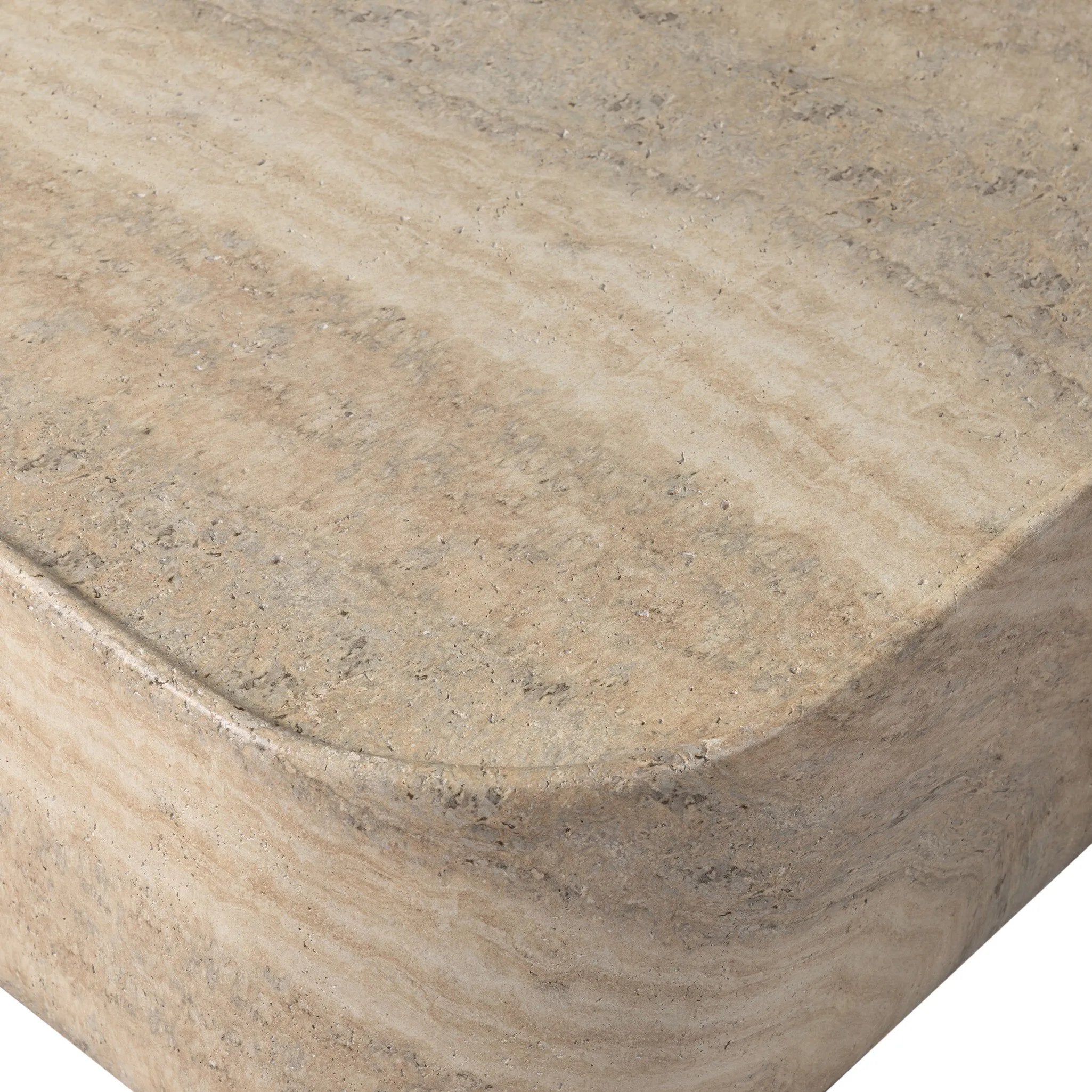 Simple shaping gets an elevated update with a classic plinth base mirrored in a lip detail around the tabletop. The rounded corners of this outdoor coffee table showcase textured sandy grey concrete, designed to mimic the detail found in natural stone. Cover or store indoors during inclement weather and when not in use. Amethyst Home provides interior design, new home construction design consulting, vintage area rugs, and lighting in the Des Moines metro area.