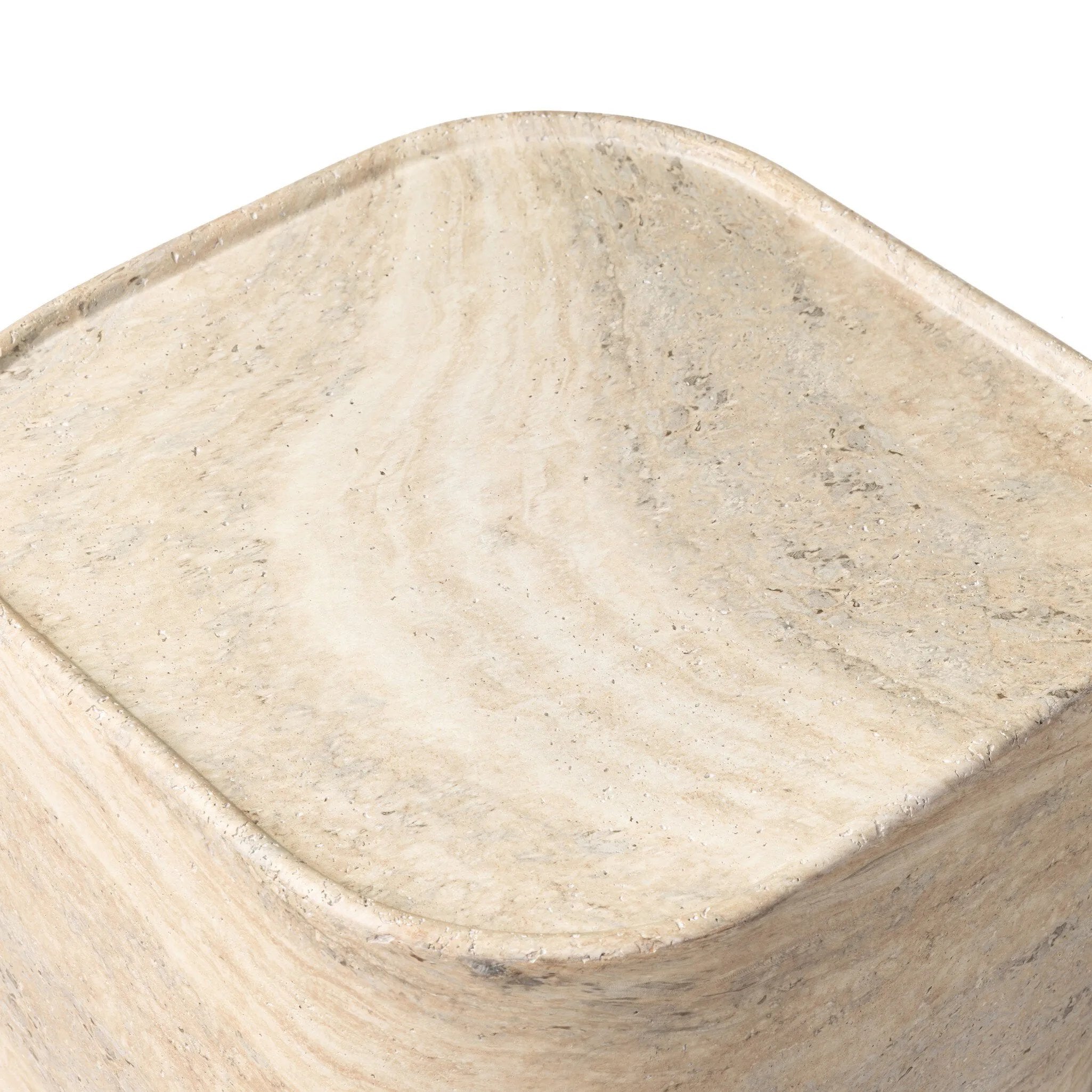 Simple shaping gets an elevated update with a classic plinth base mirrored in a lip detail around the tabletop. The rounded corners of this outdoor end table showcase textured sandy grey concrete, designed to mimic the detail found in natural stone. Cover or store indoors during inclement weather and when not in use. Amethyst Home provides interior design, new home construction design consulting, vintage area rugs, and lighting in the Houston metro area.