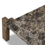 Designed by Thomas Bina and Ronald Sasson, a design partnership blending both modern minimalist and Brazilian influences. Mixed materials elevate the traditional coffee table, pairing solid reclaimed oak and solid marble, with overstated joint details. Rounded edges bring a soft, playful feel to the entire piece. Amethyst Home provides interior design, new home construction design consulting, vintage area rugs, and lighting in the Calabasas metro area.