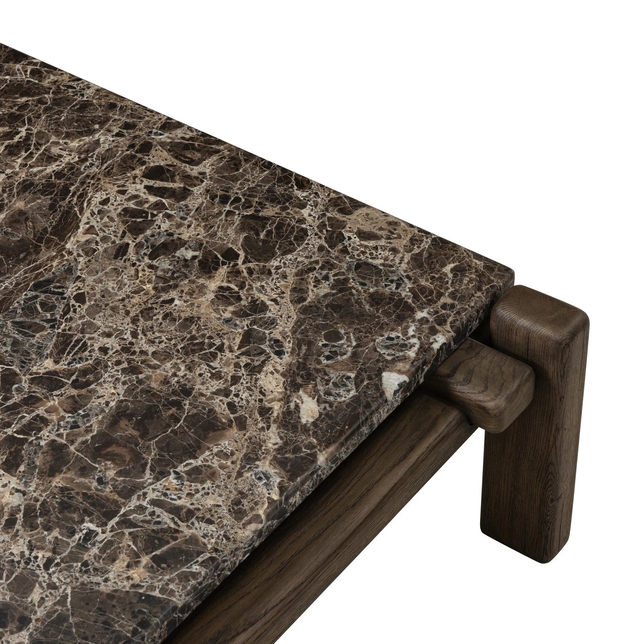 Designed by Thomas Bina and Ronald Sasson, a design partnership blending both modern minimalist and Brazilian influences. Mixed materials elevate the traditional coffee table, pairing solid reclaimed oak and solid marble, with overstated joint details. Rounded edges bring a soft, playful feel to the entire piece. Amethyst Home provides interior design, new home construction design consulting, vintage area rugs, and lighting in the Winter Garden metro area.