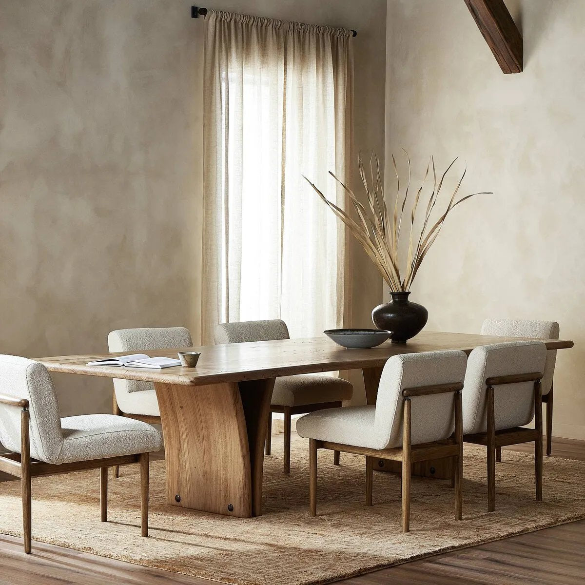 Featuring Marcon Natural Reclaimed French Oak Dining Table by Four Hands at Amethyst Home. Designed by Thomas Bina and Ronald Sasson, a design partnership blending both modern minimalist and Brazilian influences. Grand-scale dining table is crafted from natural reclaimed French oak with sleek tapered pedestal panels connected at the base. Seats 12.
Overall Dime. Amethyst Home provides interior design, new home construction design consulting, vintage area rugs, and lighting in the Omaha metro area.